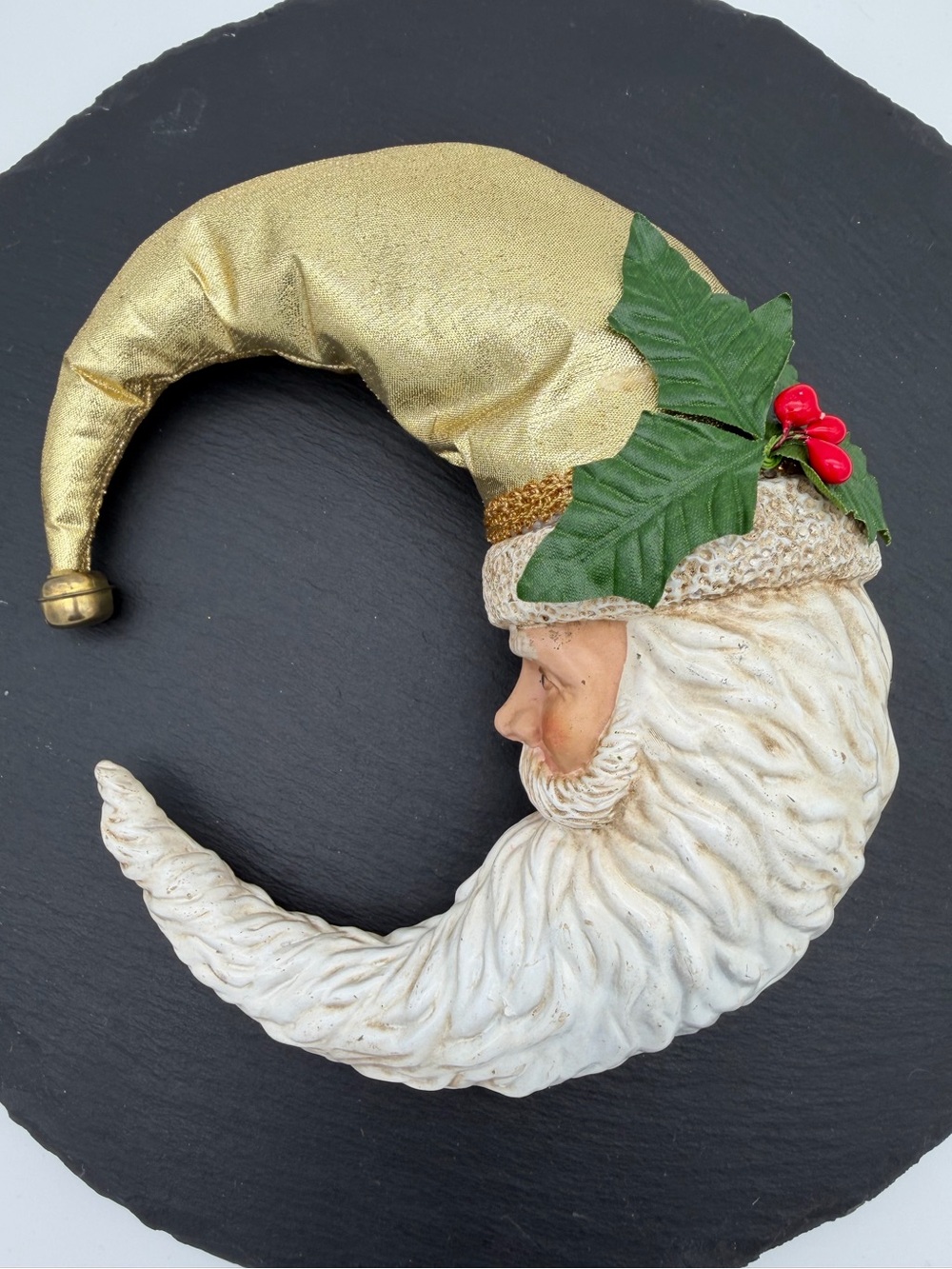 Vintage Santa Crescent Moon Christmas Decor Gold Hat Old World Holiday